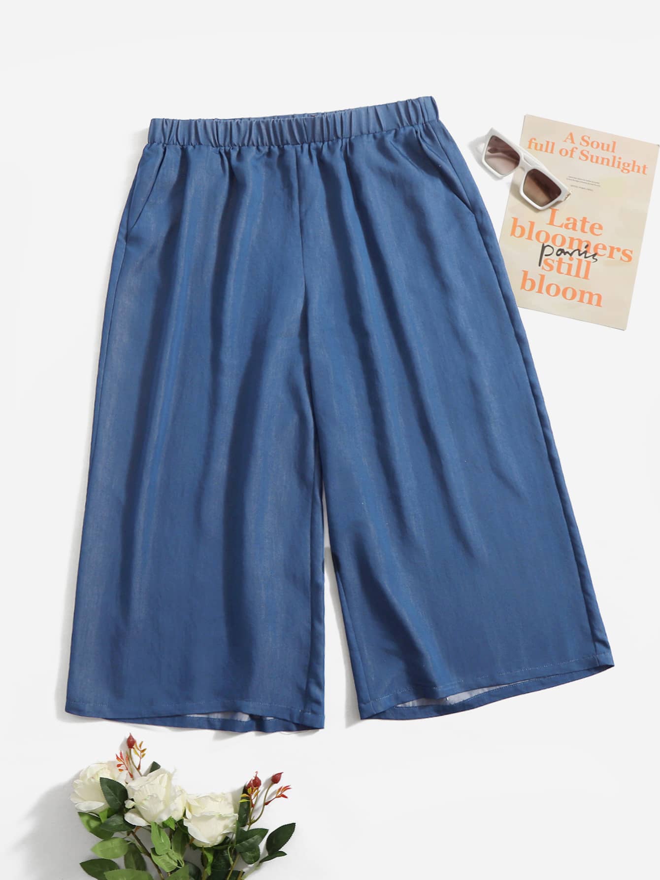 SHEIN Unity Quần Plus Size Túi màu trơn Giải trí - Màu xanh bụi bặm - Xem 1