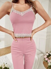 Set homewear con encaje de pestaña en contraste - Rosa - Ver 5