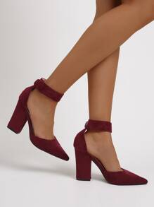 Chunky Heeled Point Toe Ankle Strap Pumps - Burgundy - View 3