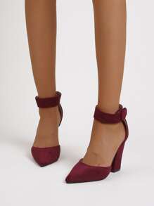 Chunky Heeled Point Toe Ankle Strap Pumps - Burgundy - View 5