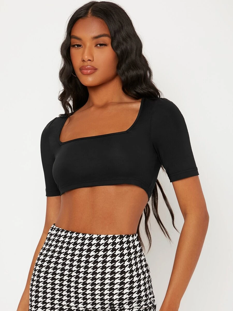 SHEIN BASICS Scoop Neck Crop Top - Black - View 1