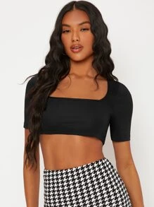 SHEIN BASICS Scoop Neck Crop Top - Black - View 4