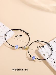 2入組風藍白瓷珠愛心磁性赫瑪石蠟線編織情侶手鍊,情人節女士禮物 - 黑色 - 查看 4