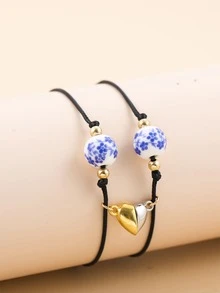 2入組風藍白瓷珠愛心磁性赫瑪石蠟線編織情侶手鍊,情人節女士禮物 - 黑色 - 查看 1