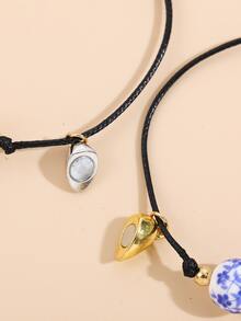 2入組風藍白瓷珠愛心磁性赫瑪石蠟線編織情侶手鍊,情人節女士禮物 - 黑色 - 查看 5