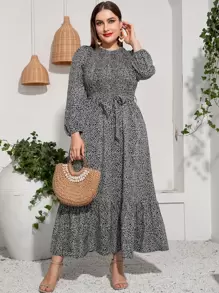 Modelyn Vestido Plus De Leopardo Con Manga Abullonada Fruncida, Dobladillo De Volantes Y Cinturón - Multicolor - Ver 1