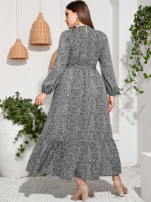 Modelyn Vestido Plus De Leopardo Con Manga Abullonada Fruncida, Dobladillo De Volantes Y Cinturón - Multicolor - Ver 2