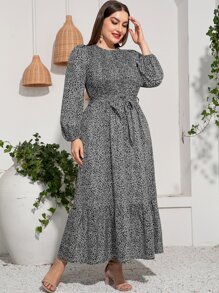 Modelyn Vestido Plus De Leopardo Con Manga Abullonada Fruncida, Dobladillo De Volantes Y Cinturón - Multicolor - Ver 3