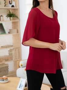 AAmilife Round Neck Split Sleeve Blouse - Burgundy - View 3