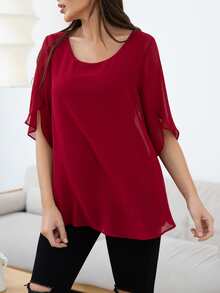 AAmilife Round Neck Split Sleeve Blouse - Burgundy - View 4