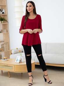 AAmilife Round Neck Split Sleeve Blouse - Burgundy - View 6