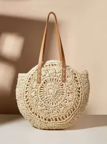 輕便便攜度假編織包草編包鏤空草編包女生女大學生秋冬保暖冬季度假度假郊遊海灘秋冬必備 - 米色 - 查看 1