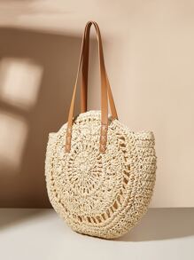 輕便便攜度假編織包草編包鏤空草編包女生女大學生秋冬保暖冬季度假度假郊遊海灘秋冬必備 - 米色 - 查看 2