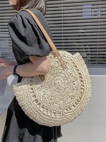 輕便便攜度假編織包草編包鏤空草編包女生女大學生秋冬保暖冬季度假度假郊遊海灘秋冬必備 - 米色 - 查看 4