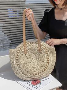 輕便便攜度假編織包草編包鏤空草編包女生女大學生秋冬保暖冬季度假度假郊遊海灘秋冬必備 - 米色 - 查看 6