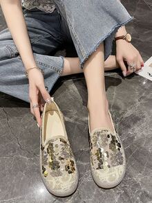 Sequin Decor Flat Loafers - Beige - View 3