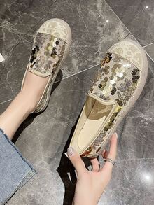 Sequin Decor Flat Loafers - Beige - View 4