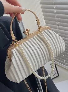 Bolso fruncido con diseño de perla artificial con cerradura con cadena - Blanco - Ver 1