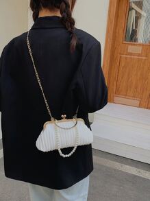 Bolso fruncido con diseño de perla artificial con cerradura con cadena - Blanco - Ver 4