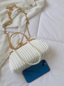 Bolso fruncido con diseño de perla artificial con cerradura con cadena - Blanco - Ver 7