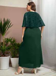 Plus Contrast Floral Mesh Lace Trim Dress - Dark Green - View 2