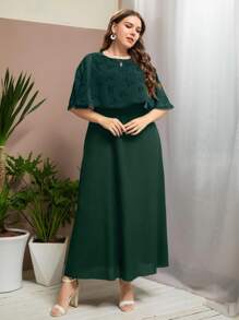 Plus Contrast Floral Mesh Lace Trim Dress - Dark Green - View 3