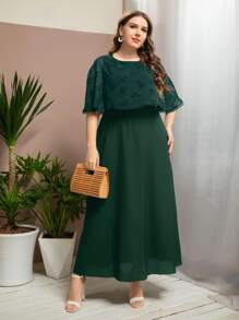 Plus Contrast Floral Mesh Lace Trim Dress - Dark Green - View 4