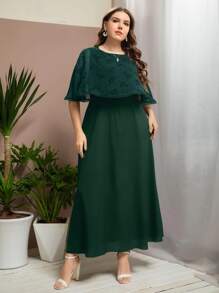 Plus Contrast Floral Mesh Lace Trim Dress - Dark Green - View 5