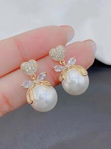 鑽石心形＆人造珍珠裝飾吊墜耳環 - 彩色 - 查看 1