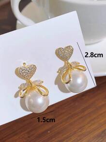 鑽石心形＆人造珍珠裝飾吊墜耳環 - 彩色 - 查看 4