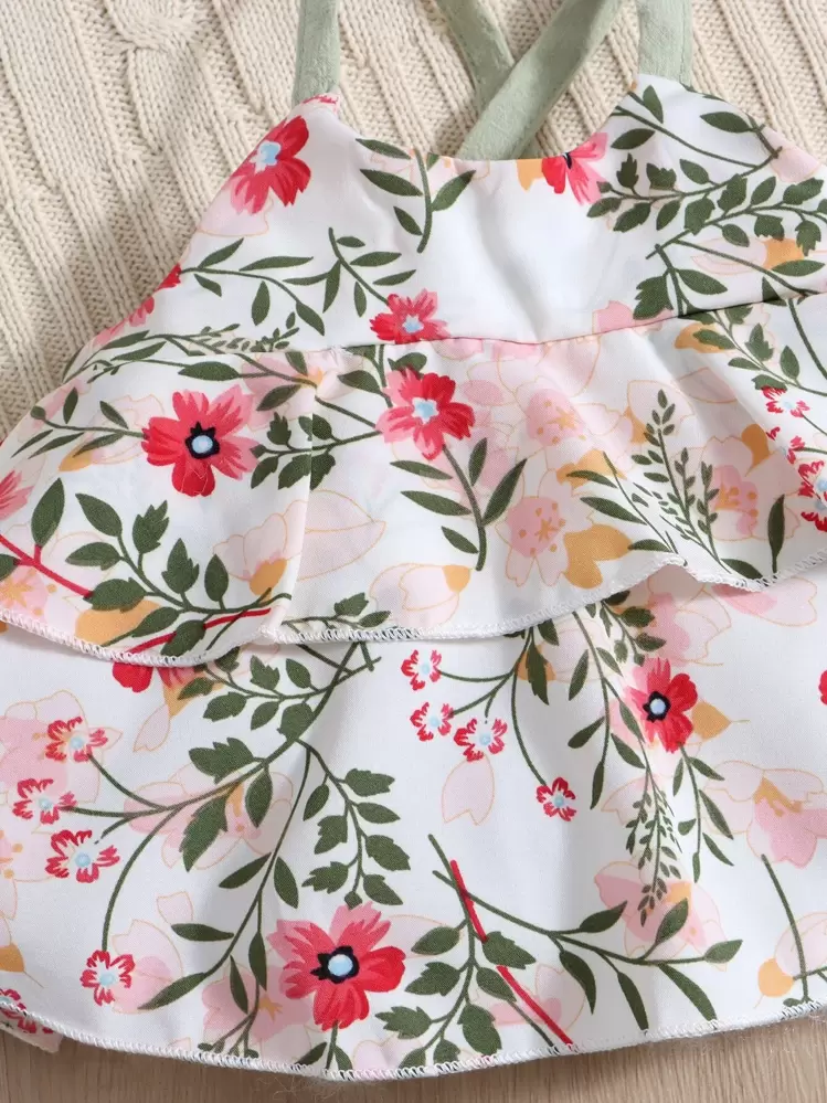 SHEIN Leap Crew Camiseta Y Pantalones Cortos Para Niña Con Diseño Floral, Espalda Cruzada Y Dobladillo En Capas - Multicolor - Ver 3