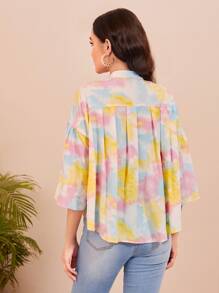 Seusyu Tie Dye Plicated Detail Trumpet Sleeve High Low Hem Blouse - Multicolor - View 2