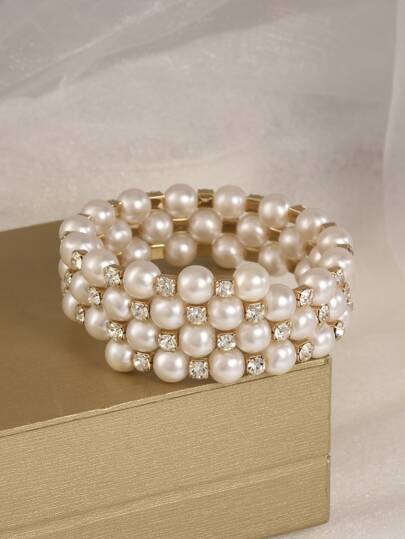 1pc Simple Fashion Triple Pearl & Rhinestone Adjustable Wire Cuff Bracelet, Lightweight & Elegant, Suitable For Daily Life And Parties, Ideal Teenage Girl Jewelry Gift