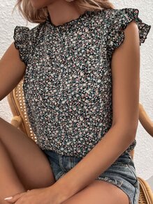 SHEIN Unity Blusa floral cuello de volante de manga casquillo de espalda con abertura de ojo - Multicolor - Ver 1