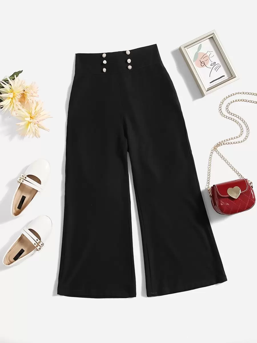 SHEIN Girls Button Detail Wide Leg Trousers - Black - View 1
