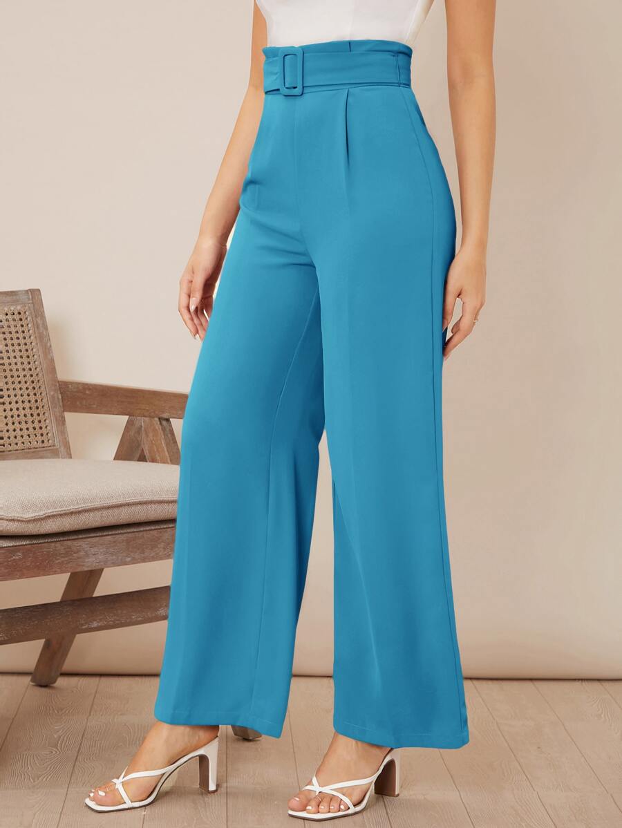SHEIN Privé 素色高腰腰帶闊腿褲 - 薄荷藍 - 查看 1