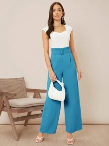 SHEIN Privé 素色高腰腰帶闊腿褲 - 薄荷藍 - 查看 3