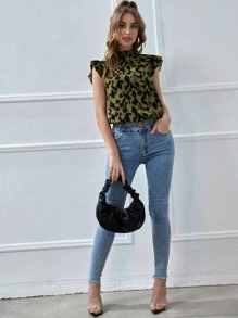 SHEIN Privé Áo sơ mi nữ Nút viền lá sen Xù Tất cả trên in Thanh lịch - Nhiều màu - Xem 4