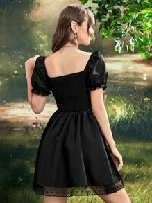 SHEIN MOD Ruched Bust Shirred Back Puff Sleeve Lace Up Front Dress - Black - View 2