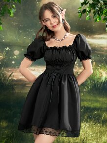 SHEIN MOD Ruched Bust Shirred Back Puff Sleeve Lace Up Front Dress - Black - View 4
