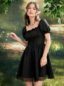 SHEIN MOD Ruched Bust Shirred Back Puff Sleeve Lace Up Front Dress - Black - View 5