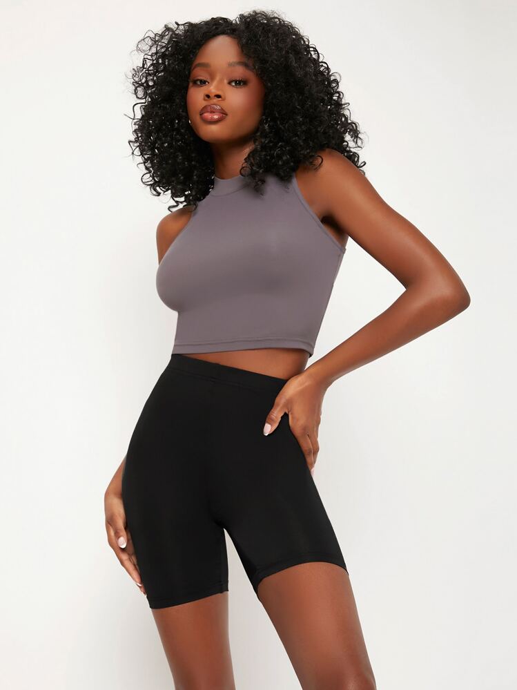 SHEIN BASICS Solid Biker Shorts - Black - View 1