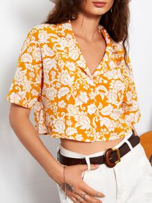 Allover Floral Print Button Front Crop Blouse - Yellow - View 1