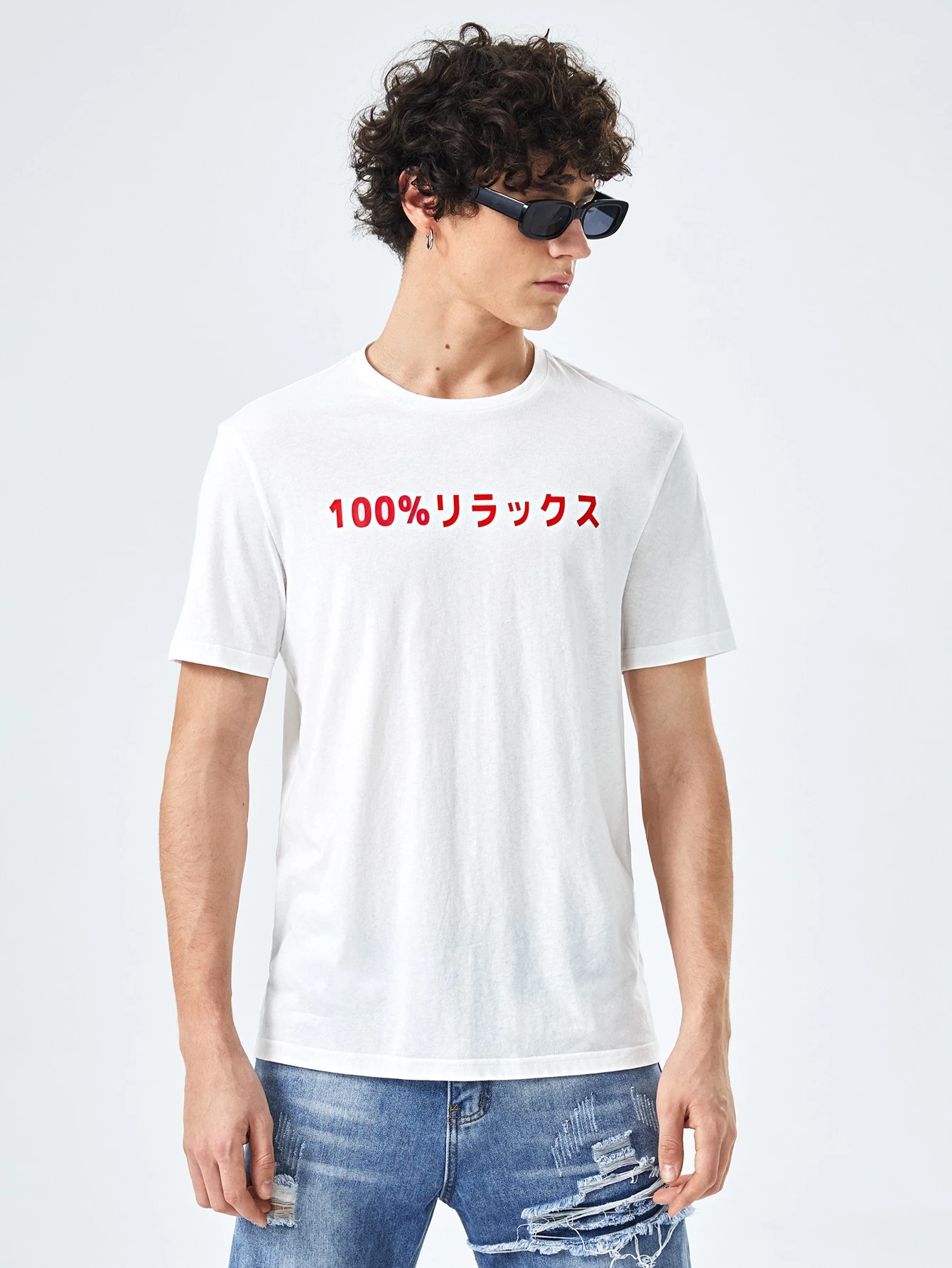 Shein 男性 日本語文字グラフィック ティー