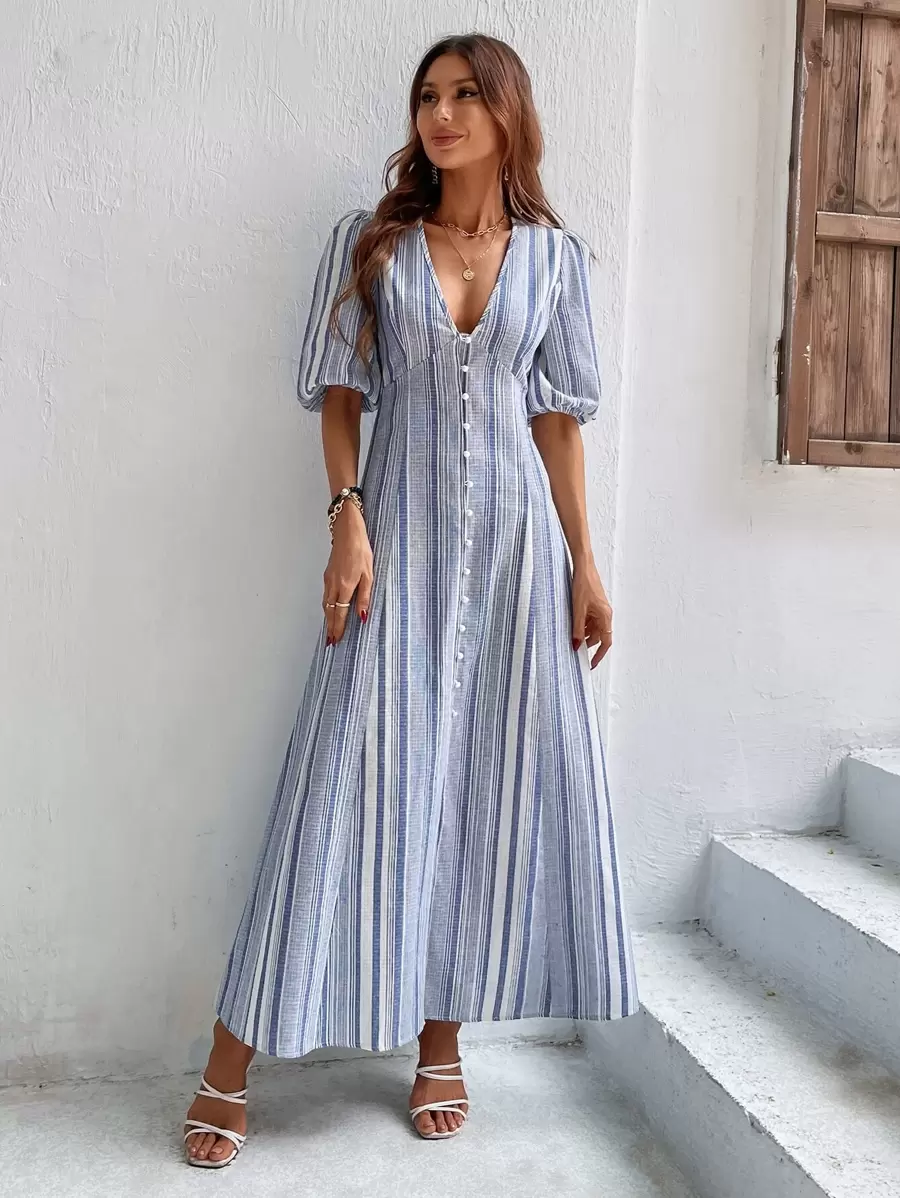 Breezaya Vestido largo de rayas con mangas abullonadas y abotonado para vacaciones y playa, look de mujer - Azul y blanco - Ver 1