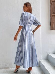 Breezaya Vestido largo de rayas con mangas abullonadas y abotonado para vacaciones y playa, look de mujer - Azul y blanco - Ver 2