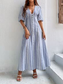 Breezaya Vestido largo de rayas con mangas abullonadas y abotonado para vacaciones y playa, look de mujer - Azul y blanco - Ver 3