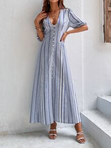 Breezaya Vestido largo de rayas con mangas abullonadas y abotonado para vacaciones y playa, look de mujer - Azul y blanco - Ver 4