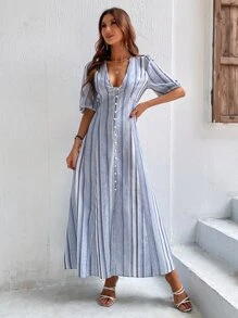 Breezaya Vestido largo de rayas con mangas abullonadas y abotonado para vacaciones y playa, look de mujer - Azul y blanco - Ver 6