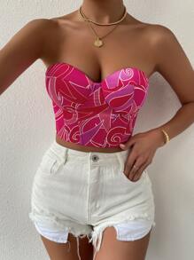SHEIN Privé Graphic Print Grommet Lace Up Back Bustier Crop Tube Top - Hot Pink - View 3